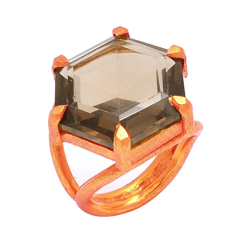 925 Sterling Silver Hexagon Shape Smoky Quartz Gemstone Gold Plated Ring 