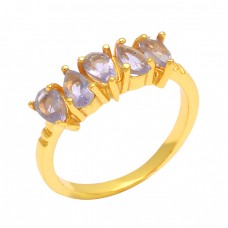 Faceted Pear Shape Amethyst Gemstone 925 Silver Prong Setting Gold Plated Ring