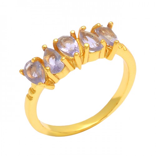 Faceted Pear Shape Amethyst Gemstone 925 Silver Prong Setting Gold Plated Ring