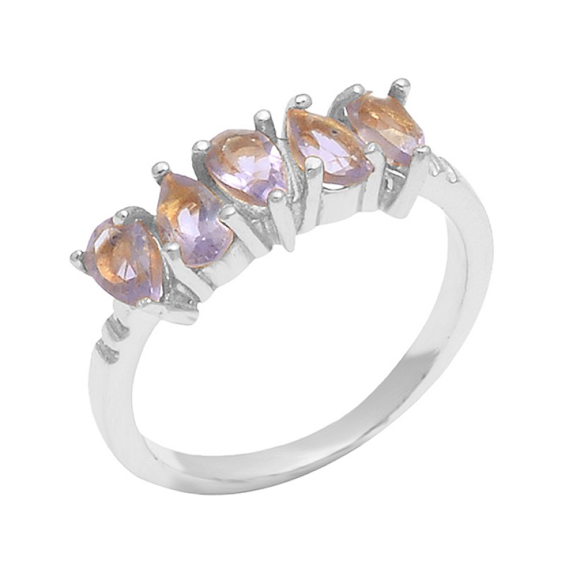 Faceted Pear Shape Amethyst Gemstone 925 Silver Prong Setting Gold Plated Ring