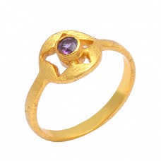 Mystic Topaz Round Shape Gemstone 925 Sterling Silver Gold Plated Designer Ring