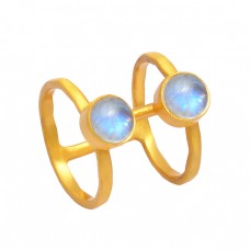 Rainbow Moonstone Cabochon Round Shape Gemstone 925 Sterling Silver Gold Plated Ring