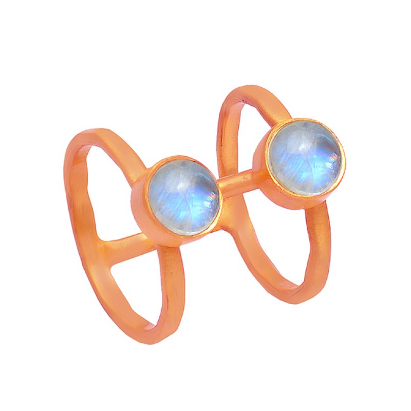 Rainbow Moonstone Cabochon Round Shape Gemstone 925 Sterling Silver Gold Plated Ring