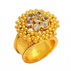 Handcrafted Designer Crystal Quartz Round Gemstone 925 Silver Gold Plated Ring