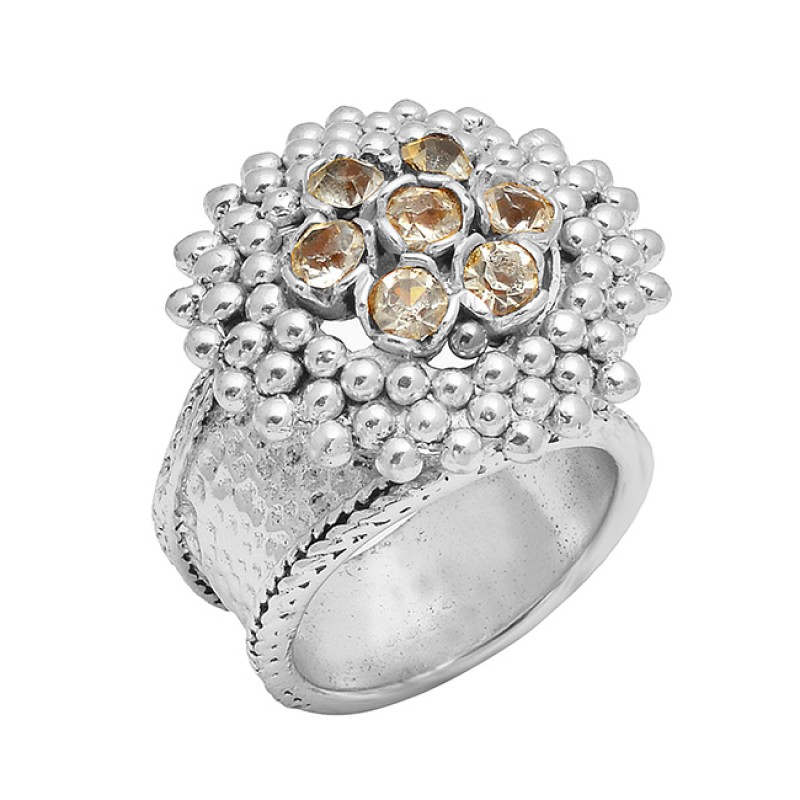 Handcrafted Designer Crystal Quartz Round Gemstone 925 Silver Gold Plated Ring