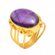 Amethyst Oval Cabochon Gemstone Handcrafted Designer Gold Plated Ring