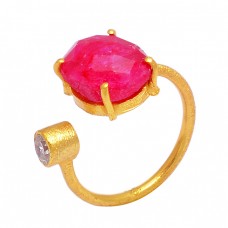 925 Sterling Silver Ruby Cubic Zirconia Gemstone Gold Plated Handmade Designer Ring
