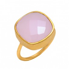 Cushion Shape Rose Quartz Gemstone 925 Sterling Silver Gold Plated Designer Ring