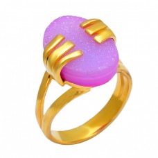 Designer Pink Druzy Oval Shape Gemstone 925 Silver Gold Plated Stylish Ring