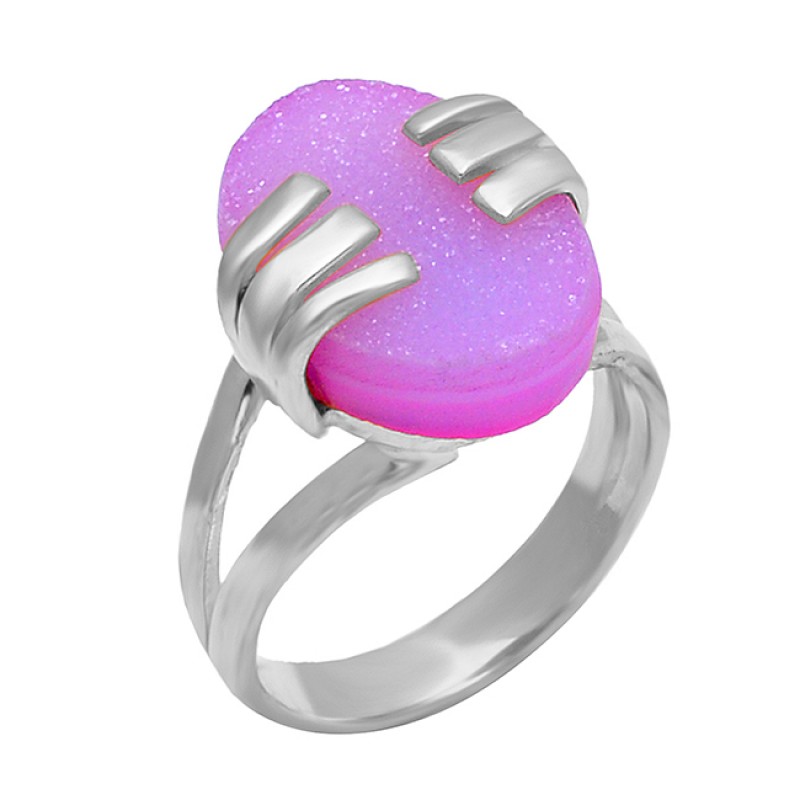 Designer Pink Druzy Oval Shape Gemstone 925 Silver Gold Plated Stylish Ring