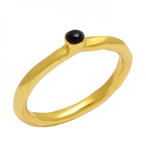 Round Cabochon Black Onyx Gemstone 925 Sterling Silver Gold Plated Designer Ring