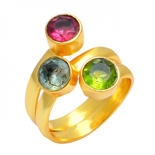 Faceted Round Shape Multi Color Gemstone 925 Sterling Silver Gold Plated Ring
