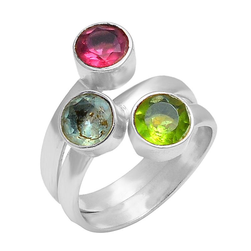 Faceted Round Shape Multi Color Gemstone 925 Sterling Silver Gold Plated Ring