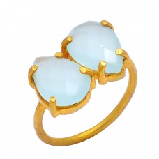 Pear Shape Chalcedony Gemstone 925 Sterling Silver Gold Plated Prong Setting Ring