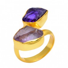 Amethyst Rough Gemstone 925 Sterling Silver Gold Plated Band Designer Ring