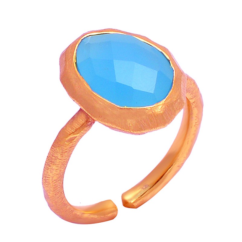 Oval Shape Blue Chalcedony Gemstone 925 Sterling Silver Gold Plated Ring Jewelry