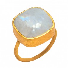 Cushion Cabochon Rainbow Moonstone 925 Sterling Silver Gold Plated Ring Jewelry
