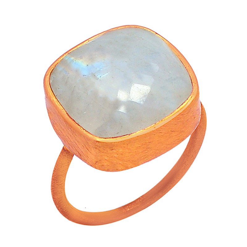 Cushion Cabochon Rainbow Moonstone 925 Sterling Silver Gold Plated Ring Jewelry