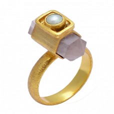 Rose Quartz Pearl Gemstone 925 Sterling Silver Gold Plated Handmade Designer Ring