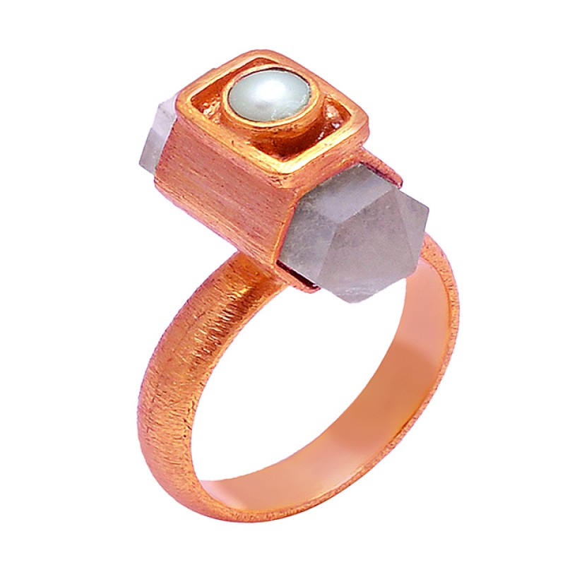 Rose Quartz Pearl Gemstone 925 Sterling Silver Gold Plated Handmade Designer Ring