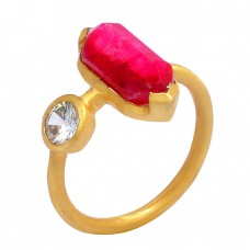 Ruby Cubic Zirconia Gemstone 925 Sterling Silver Gold Plated Handcrafted Designer Ring