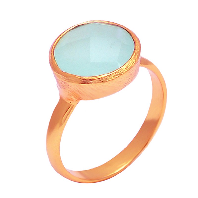 Round Shape Chalcedony Gemstone 925 Sterling Silver Gold Plated Handmade Ring