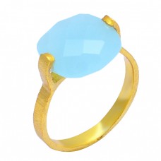 925 Sterling Silver Cushion Shape Chalcedony Gemstone Gold Plated Designer Ring