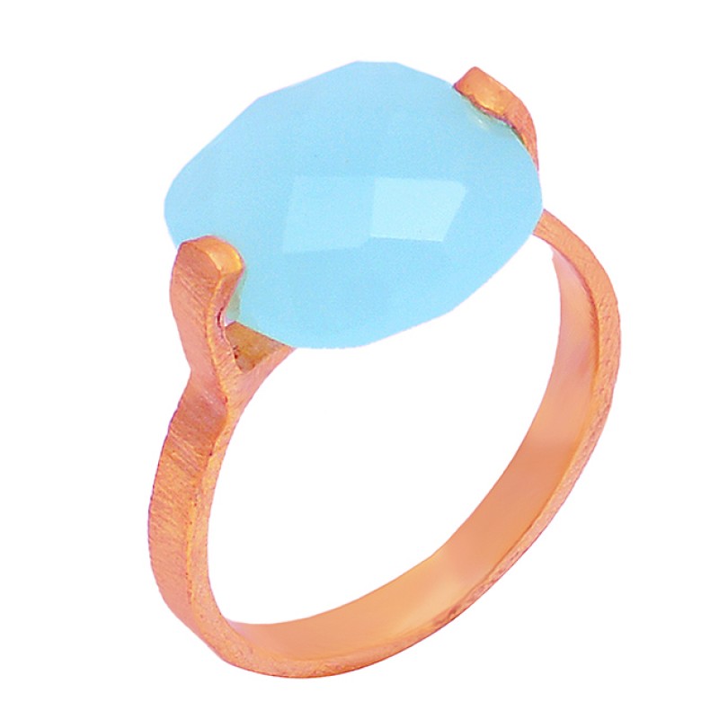 925 Sterling Silver Cushion Shape Chalcedony Gemstone Gold Plated Designer Ring