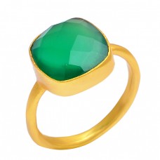 Cushion Shape Green Onyx Gemstone 925 Sterling Silver Gold Plated Handmade Ring