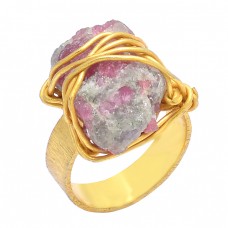 Handmade Designer Tourmaline Raw Material Rough Gemstone Gold Plated Ring