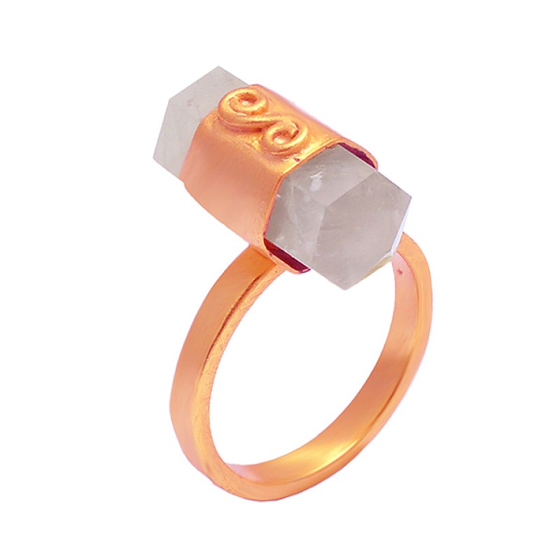 Pencil Shape Rose Quartz 925 Sterling Silver Gold Plated Handcrafted Designer Ring