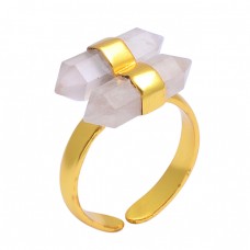 Rose Quartz Pencil Shape Gemstone 925 Sterling Silver Gold Plated Adjustable Ring