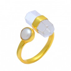 Crystal Pearl Gemstone 925 Sterling Silver Gold Plated Handcrafted Designer Ring