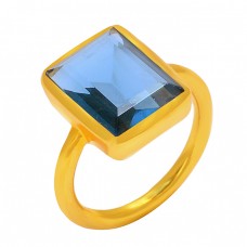 Rectangle Shape Blue Quartz Gemstone 925 Sterling Silver Gold Plated Ring Jewelry