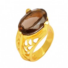 Oval Shape Smoky Quartz Gemstone 925 Sterling Silver Gold Plated Designer Ring