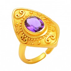 925 Sterling Silver Oval Shape Amethyst Gemstone Gold Plated Handmade Ring