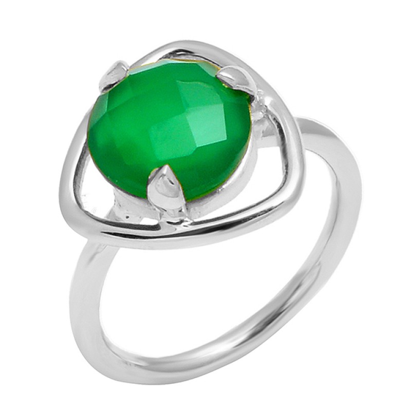 Green Onyx Round Shape Gemstone 925 Sterling Silver Gold Plated Ring Jewelry