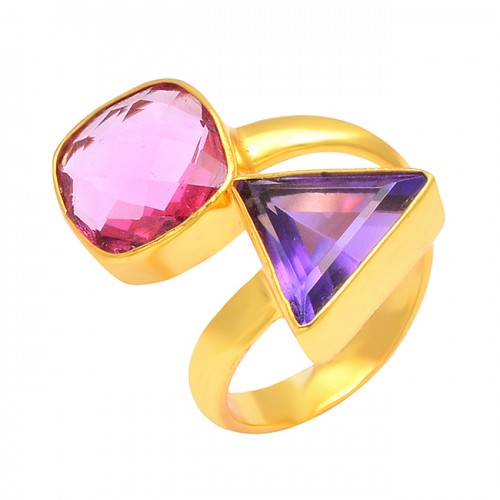 925 Sterling Silver Amethyst Pink Quartz Gemstone Gold Plated Band Designer Ring