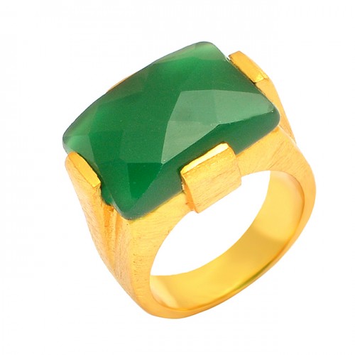 Green Onyx Rectangle Shape Gemstone 925 Silver Gold Plated Fashionable Ring
