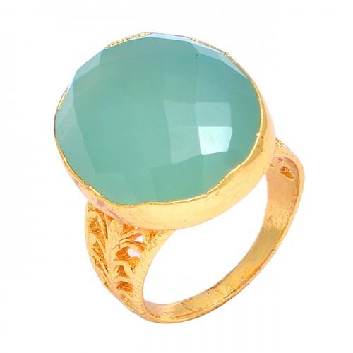 Aqua Chalcedony Oval Shape Gemstone 925 Sterling Silver Gold Plated Designer Ring