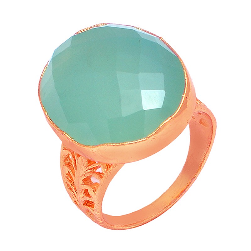 Aqua Chalcedony Oval Shape Gemstone 925 Sterling Silver Gold Plated Designer Ring