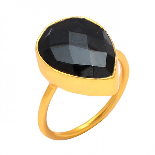 Pear Shape Black Onyx Gemstone 925 Sterling Silver Gold Plated Handcrafted Designer Ring