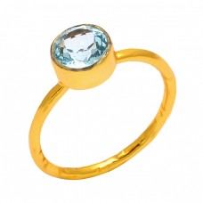 Blue Topaz Round Shape Gemstone 925 Sterling Silver Gold Plated Designer Ring Jewelry