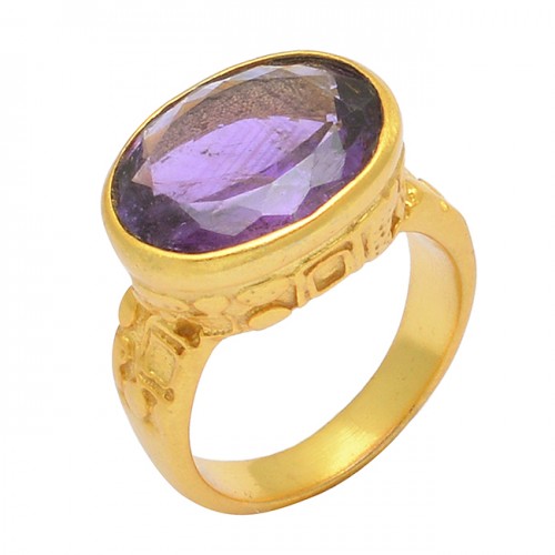Oval Shape Amethyst Gemstone 925 Sterling Silver Gold Plated Designer Ring Jewelry