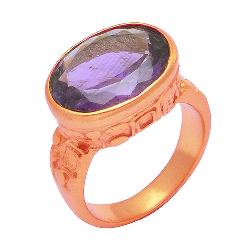 Oval Shape Amethyst Gemstone 925 Sterling Silver Gold Plated Designer Ring Jewelry