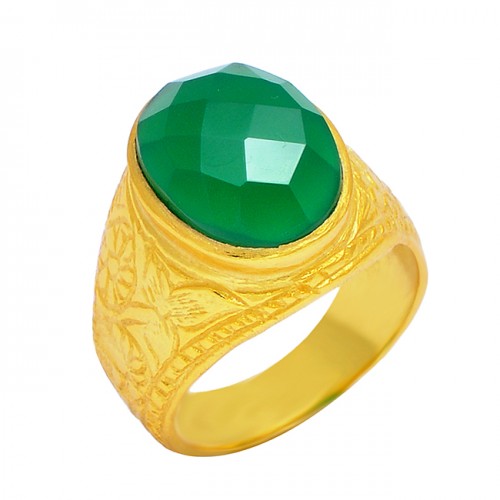 Oval Shape Green Onyx Gemstone 925 Sterling Silver Gold Plated Handmade Ring Jewelry