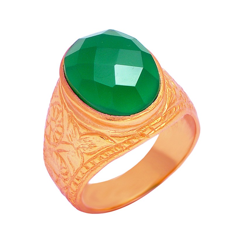 Oval Shape Green Onyx Gemstone 925 Sterling Silver Gold Plated Handmade Ring Jewelry