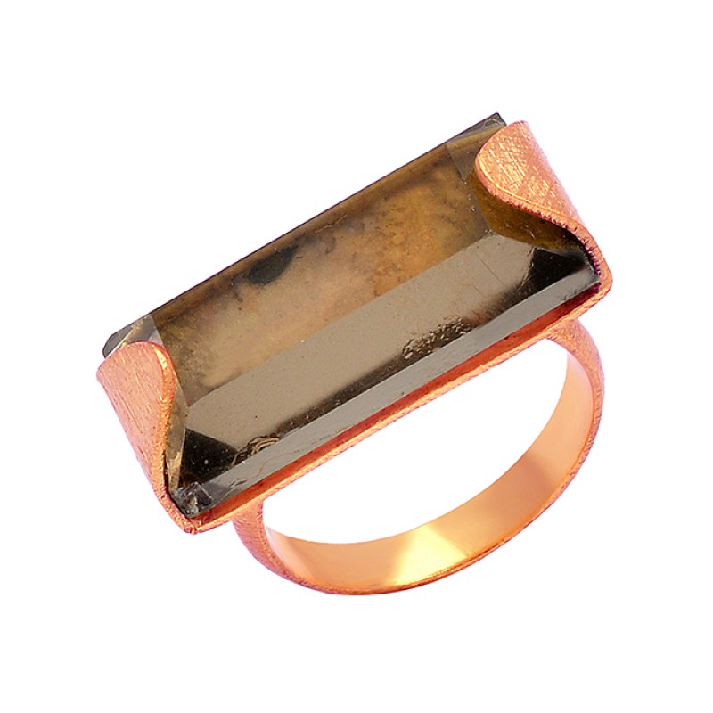 Smoky Quartz Rectangle Shape Gemstone 925 Sterling Silver Gold Plated Designer Ring