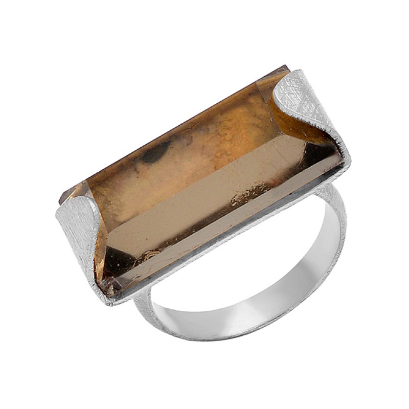Smoky Quartz Rectangle Shape Gemstone 925 Sterling Silver Gold Plated Designer Ring