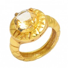 Round Shape Citrine Gemstone 925 Sterling Silver Gold Plated Designer Ring Jewelry